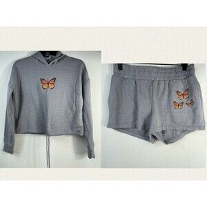 Teen 2 Piece Set Gray Cropped Butterfly Hoodie W/ Matching Sweat Shorts Small S